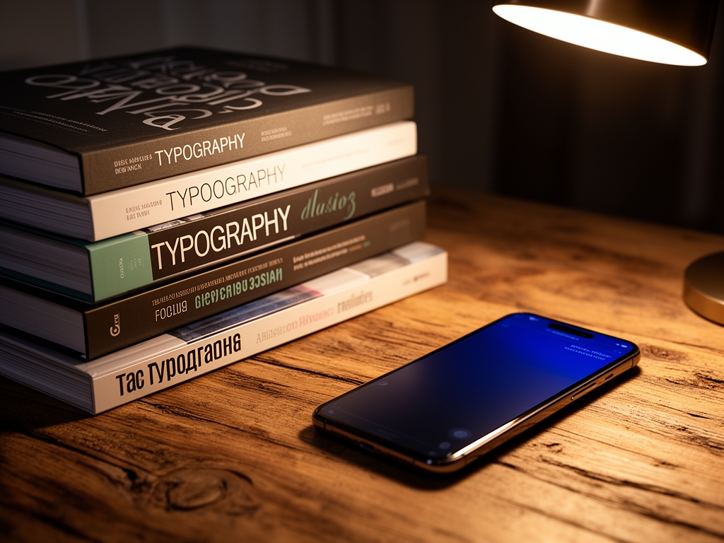 Стопка дизайнерских книг о типографике и редакционном дизайне на деревянном столе, рядом карандаши и линейка